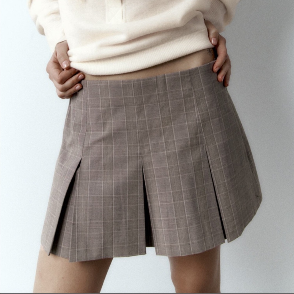 Zara Plaid Pleat Box Skort Skirt in Mink brown